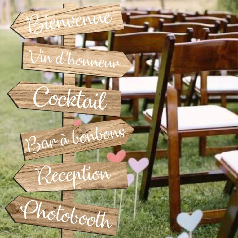 Wood chairs sitting next to a handcrafted signboard for the event